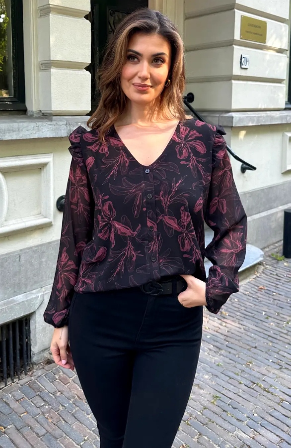 Jurkjes Floral Chiffon Blouse Zwart