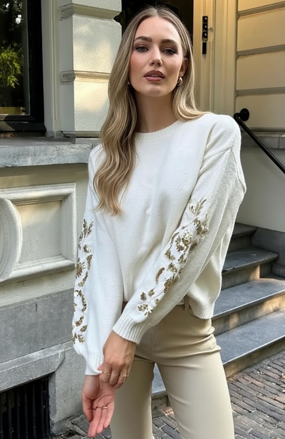 Jurkjes Oversized Pailletten Sweater Ecru Gold