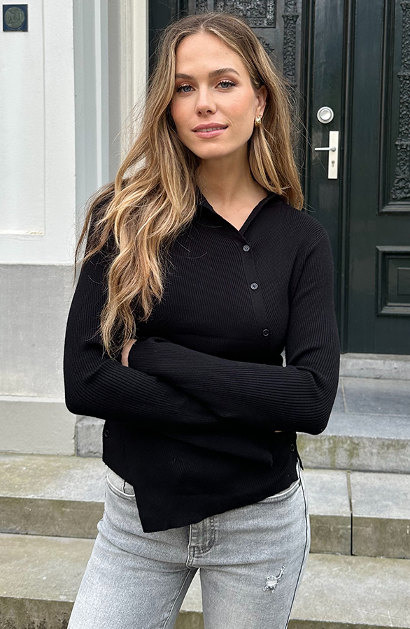 Jurkjes Asymmetrische Button Longsleeve Top Zwart