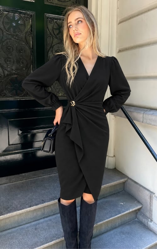 Jurkjes Detailed Midi Wrap Dress Black