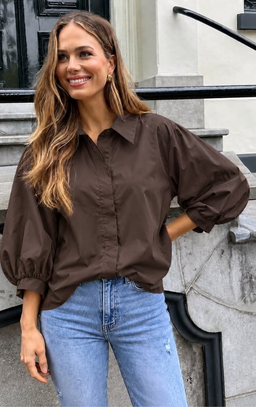 Jurkjes Oversized Puff Sleeve Blouse Mila Choco