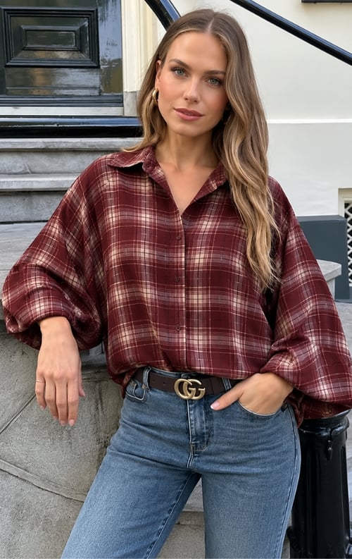 Jurkjes Oversized Puff Sleeve Blouse Mila Check Burgundy