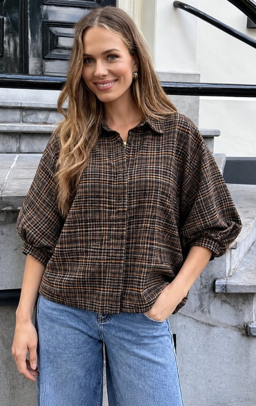Jurkjes Oversized Puff Sleeve Blouse Mila Check Choco