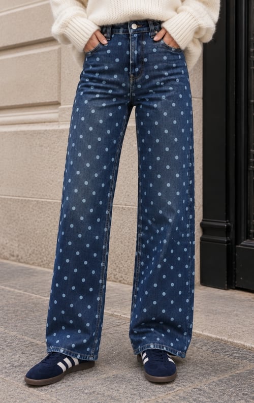 Jurkjes Stippen Wide Leg Jeans Donkerblauw