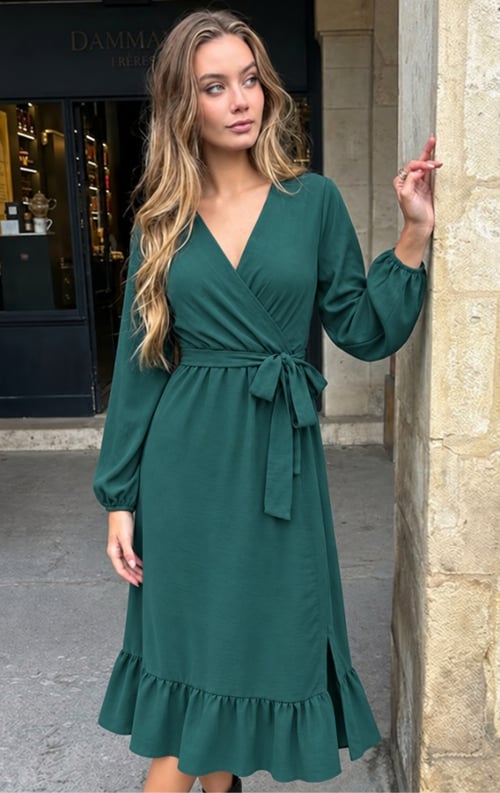 Jurkjes Ruffle Split Midi Jurk Emerald