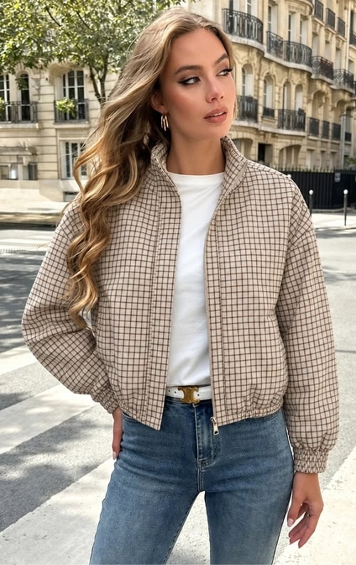 Jurkjes Ruit Zip Up Bomberjack Beige